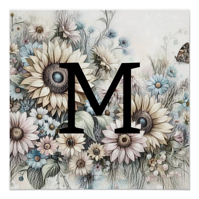 Poster Monogramme floral dessin tournesol rose jaune (Devant)