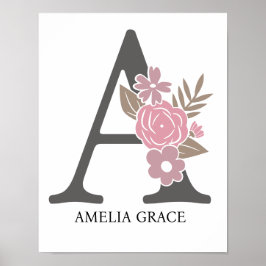 Poster Monogramme floral lettre A Nom Nurserie Moderne