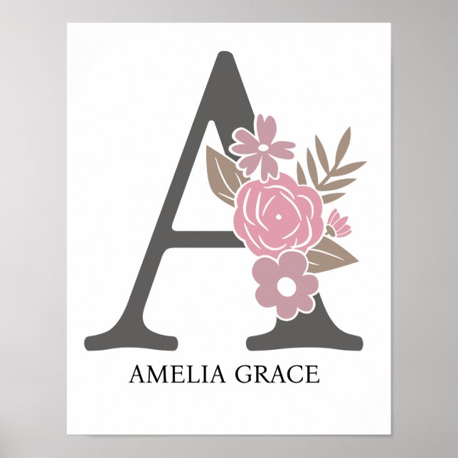 Poster Monogramme floral lettre A Nom Nurserie Moderne  (Devant)