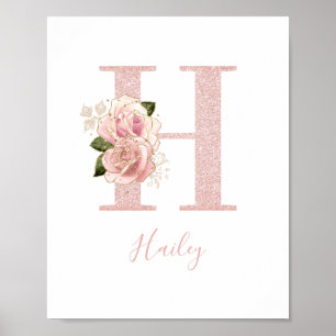 Poster Monogramme floral pailleté or rose girly H