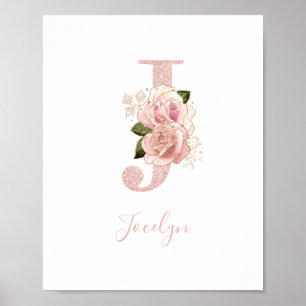 Poster Monogramme floral pailleté or rose girly J