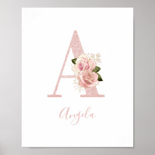 Poster Monogramme floral pailleté or rose pâle féminin A