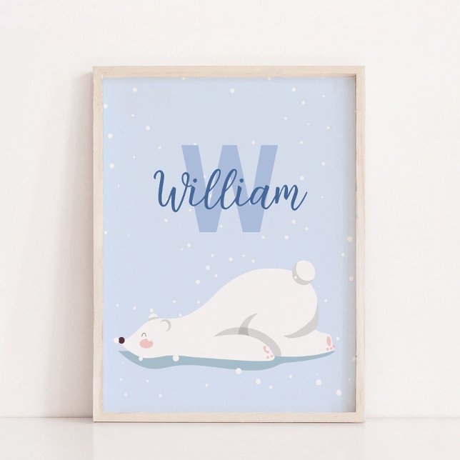 Poster Monogramme Hiver Polar Ours Nourriture Décor Mur (Blue Monogram Winter Polar Bear Nursery Wall Decor)