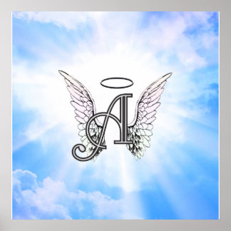 Poster Monogramme initial A, ailes angéliques et halo ave