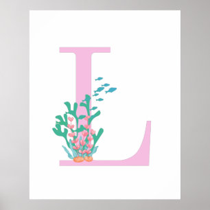 Poster Monogramme initial L Monogramme rose Turquoise Cor
