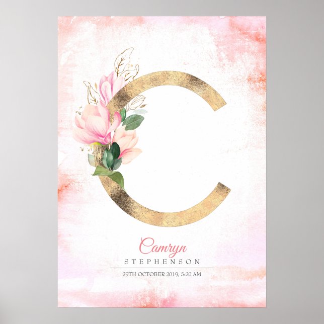 Poster Monogramme Lettre C Feuilles Dorées Magnolia Flora (Devant)