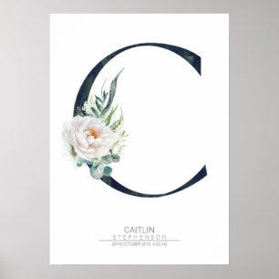 Poster Monogramme lettre C Fleurs et feuillage blanc