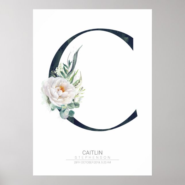 Poster Monogramme lettre C Fleurs et feuillage blanc (Devant)