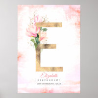 Monogramme lettre E feuilles dorées magnolia rose