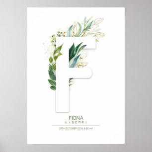Poster Monogramme Lettre F Or Feuillage Chic