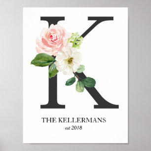 Poster Monogramme, Lettre florale K, Mariage, Pépinière