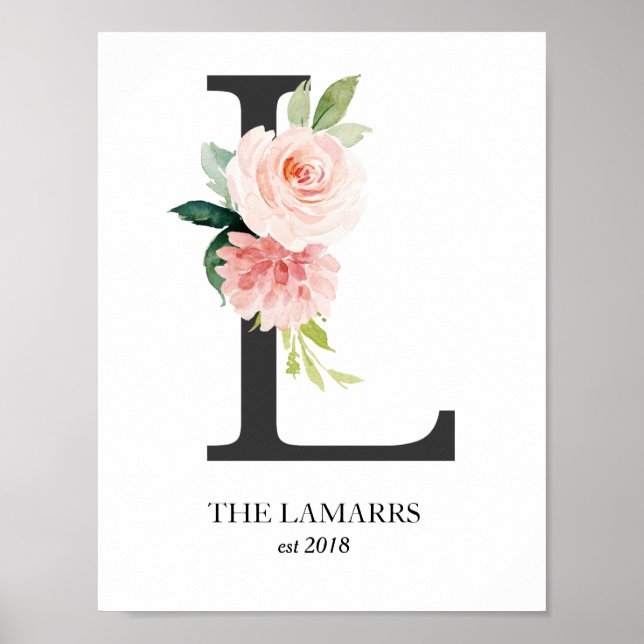 Poster Monogramme, Lettre florale L, Mariage, Pépinière (Devant)
