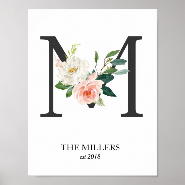 Poster Monogramme, Lettre florale M, Mariage, Pépinière (Devant)