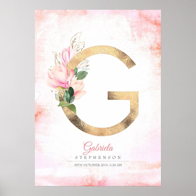 Poster Monogramme lettre G feuilles dorées fleurs de magn (Devant)