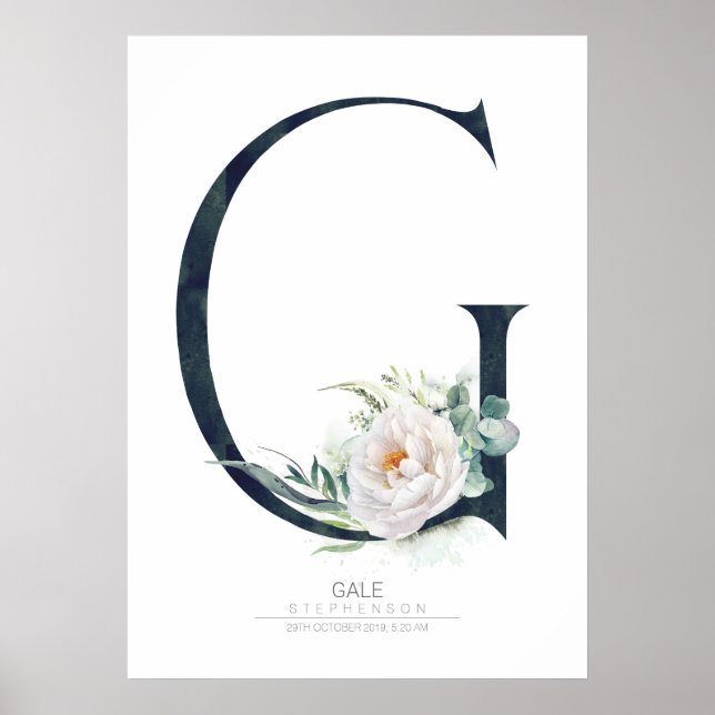 Poster Monogramme lettre G Fleurs blanches et feuillage (Devant)