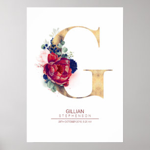 Poster Monogramme lettre G floral bleu marine et bordeaux