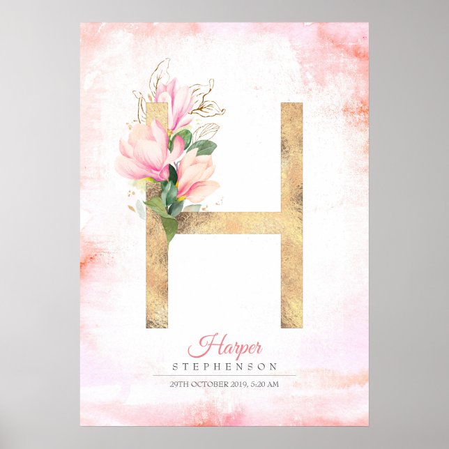 Poster Monogramme lettre H feuilles dorées magnolia rose  (Devant)