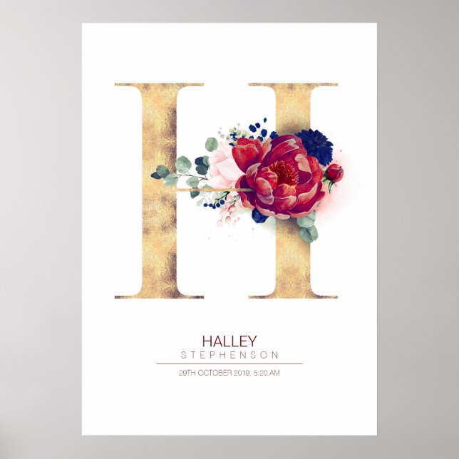 Poster Monogramme lettre H floral bleu marine et bordeaux (Devant)
