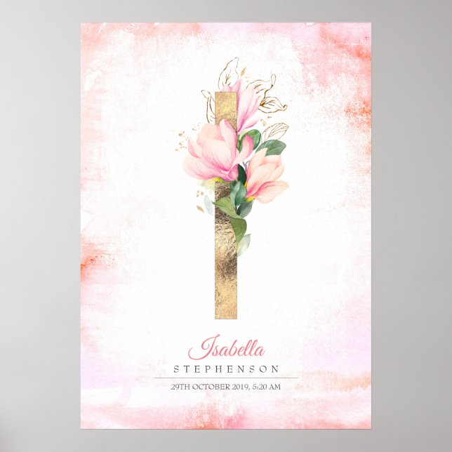 Poster Monogramme Lettre I Feuilles Dorées Magnolia Flora (Devant)