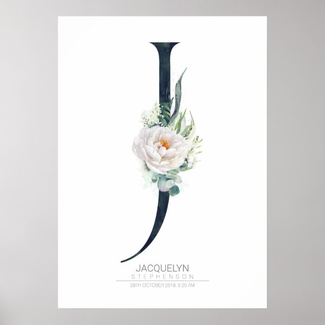 Poster Monogramme lettre J Fleurs blanches et feuillage (Devant)