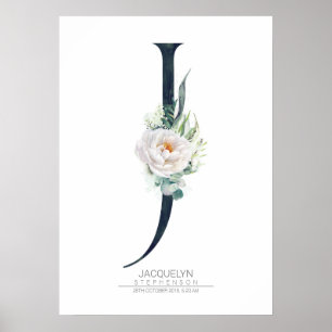 Poster Monogramme lettre J Fleurs blanches et verdure