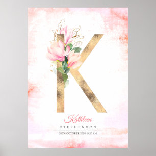 Poster Monogramme lettre K feuilles dorées fleurs de magn