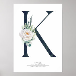 Poster Monogramme lettre K Fleurs blanches et feuillage