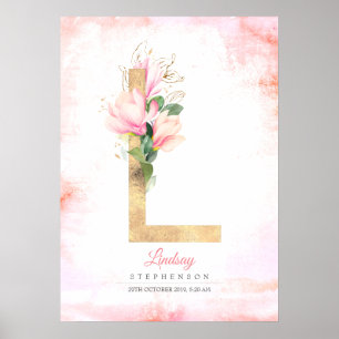 Poster Monogramme lettre L feuilles dorées fleurs de magn