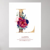 Monogramme lettre L floral bleu marine et bordeaux