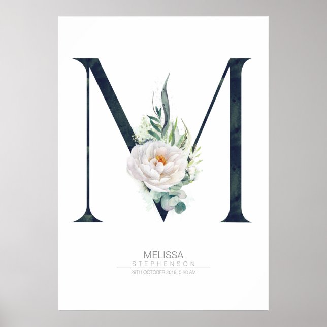 Poster Monogramme lettre M Fleurs blanches et feuillage (Devant)