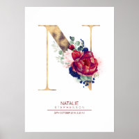 Monogramme lettre N floral bleu marine et bordeaux