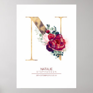 Poster Monogramme lettre N floral bordeaux et or