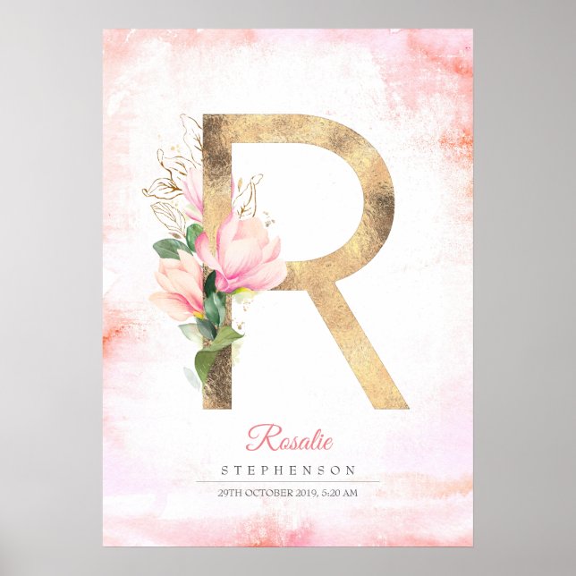 Poster Monogramme Lettre R Or Feuilles Magnolia Rose Flor (Devant)