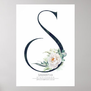 Poster Monogramme lettre S Fleurs blanches et feuillage