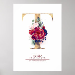 Poster Monogramme lettre T floral bleu marine et bordeaux