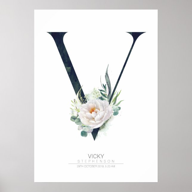 Poster Monogramme lettre V Fleurs blanches et feuillage (Devant)