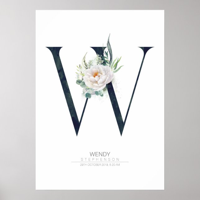 Poster Monogramme lettre W Fleurs blanches et feuillage (Devant)