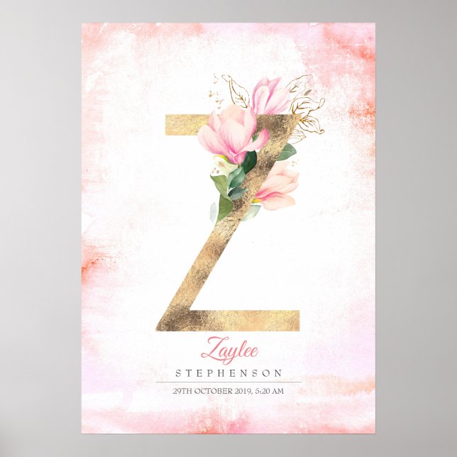 Poster Monogramme lettre Z feuilles dorées fleurs de magn (Devant)