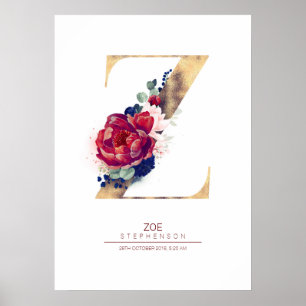Poster Monogramme lettre Z floral bleu marine et bordeaux