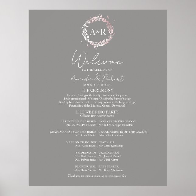 Poster Monogramme Mariage Cérémonie Programme Panneau de  (Devant)