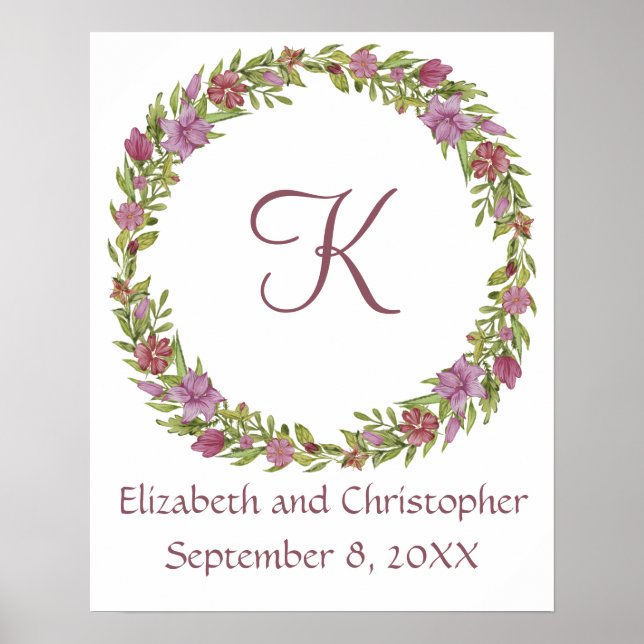 Poster Monogramme Mariage Date Noms Pink Purple Floral (Devant)