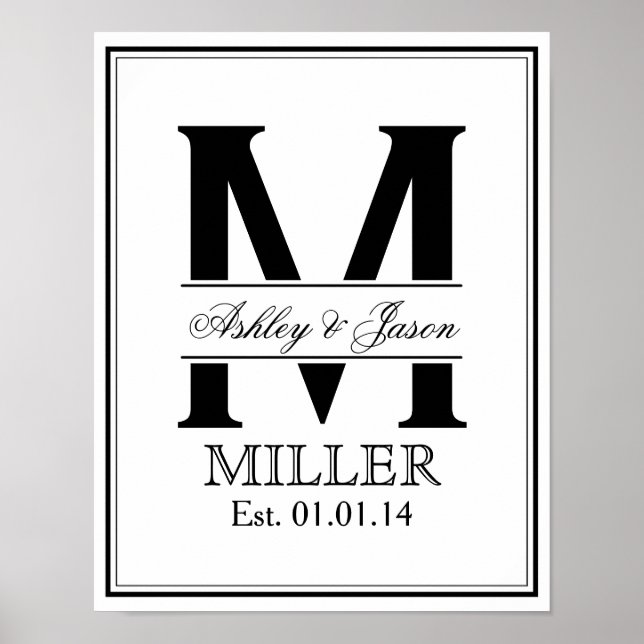 Poster Monogramme Mariage noir et blanc (Devant)