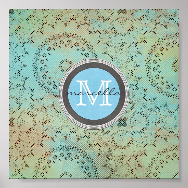 Poster Monogramme Motif bleu vert (Devant)