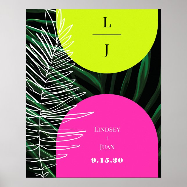 Poster Monogramme Neon Arches Tropical Palm Leaf Mariage (Devant)