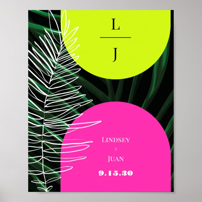 Poster Monogramme Neon Arches Tropical Palm Leaf Mariage (Devant)