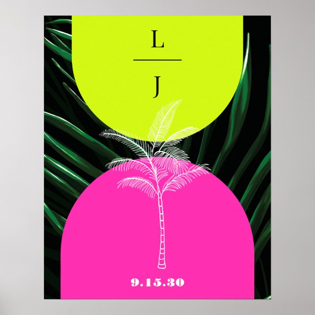 Poster Monogramme Neon Arches Tropical Palm Tree Mariage (Devant)