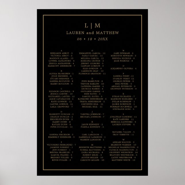 Poster Monogramme noir et or simple Mariage élégant (Devant)