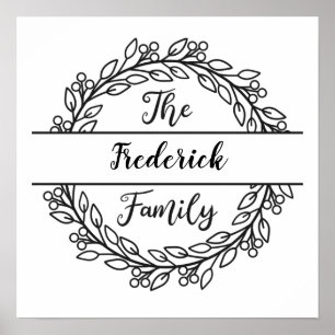 Poster Monogramme Nom de famille Wreath Black White Feuil
