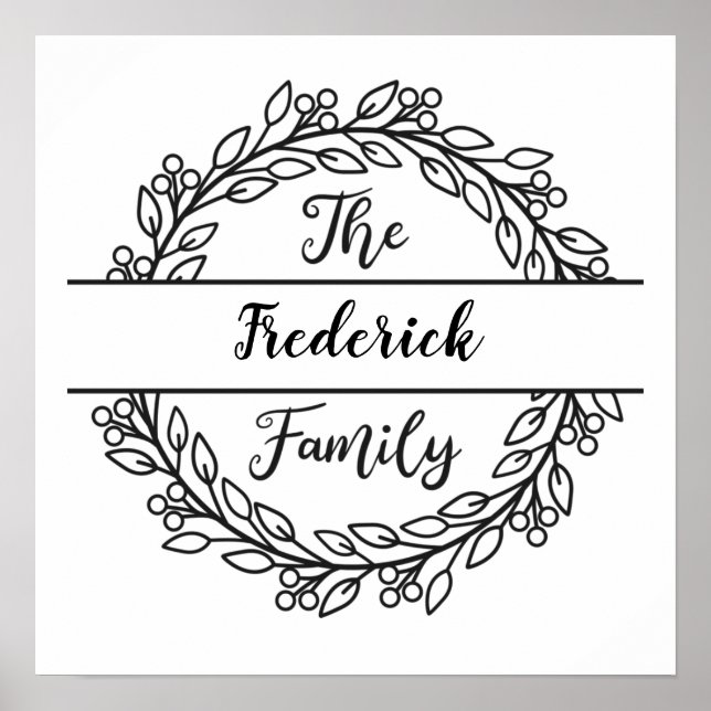 Poster Monogramme Nom de famille Wreath Black White Feuil (Devant)