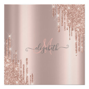 Poster Monogramme Or Rose avec Gouttes de Paillettes Mode